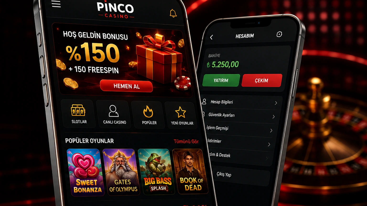 Pinco mobil casino arayüzünde hoş geldin bonusu, oyun lobisi ve hesap ekranı