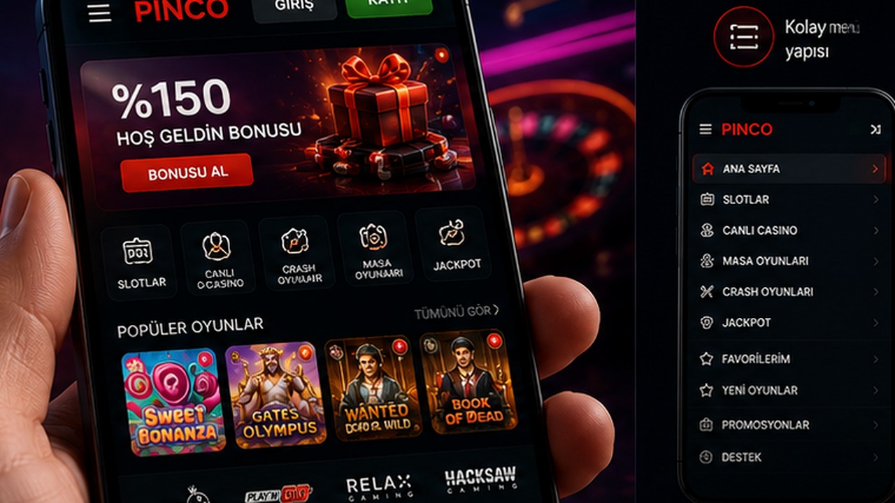 Pinco mobil casino ana ekranı ve oyun lobisi